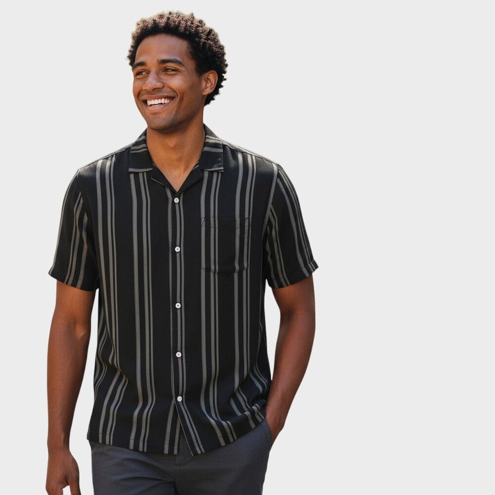 Standard Cloth Shirt Mens S Petite Black Liam Stripe Crinkle Button Down Resort